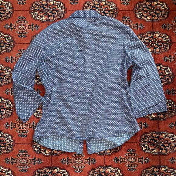 Lafayette 148 Size 8 Blue/White Mini Print Button Front Blouse Ruched Sides FS - Picture 6 of 10